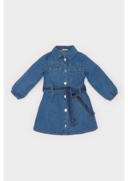 Kız Bebek Gömlek Yaka Uzun Kollu Kemerli Jean Elbise E0447A525SP