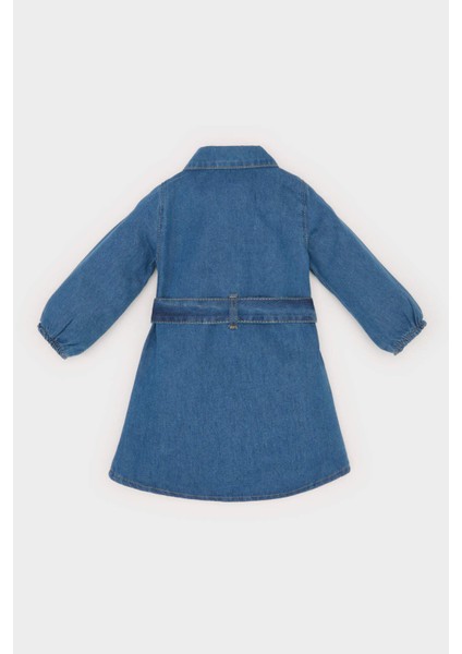 Kız Bebek Gömlek Yaka Uzun Kollu Kemerli Jean Elbise E0447A525SP