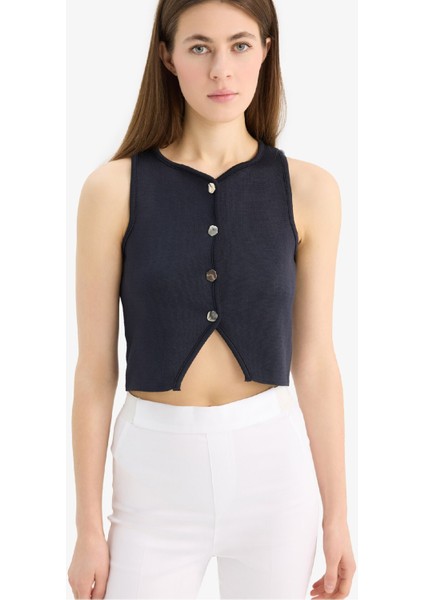 Regular Fit Bisiklet Yaka Düğmeli Siyah Triko Yelek E0990AX25SM