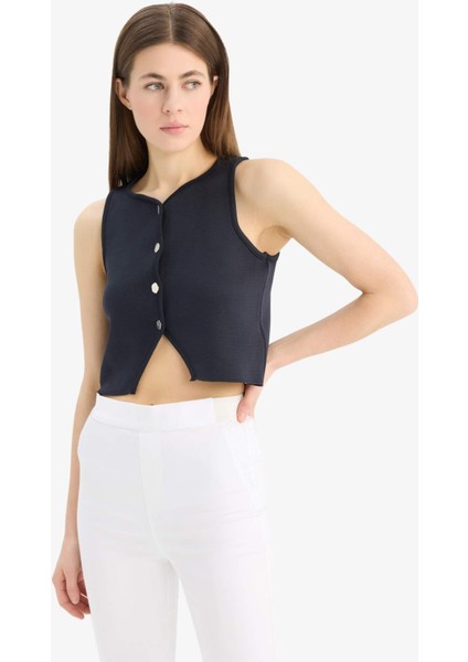 Regular Fit Bisiklet Yaka Düğmeli Siyah Triko Yelek E0990AX25SM