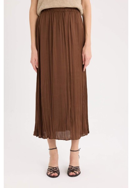 A Kesim Yüksek Bel Saten Midi Etek E3348AX24WN