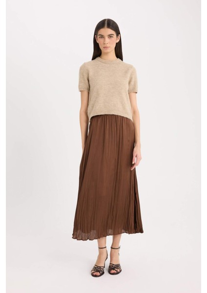 A Kesim Yüksek Bel Saten Midi Etek E3348AX24WN