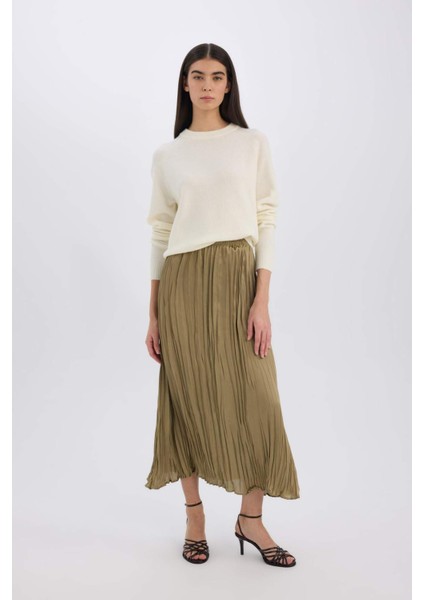 A Kesim Yüksek Bel Saten Midi Etek