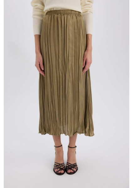 A Kesim Yüksek Bel Saten Midi Etek