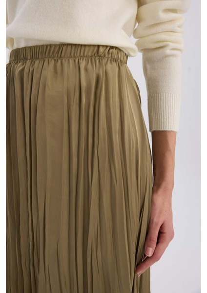 A Kesim Yüksek Bel Saten Midi Etek