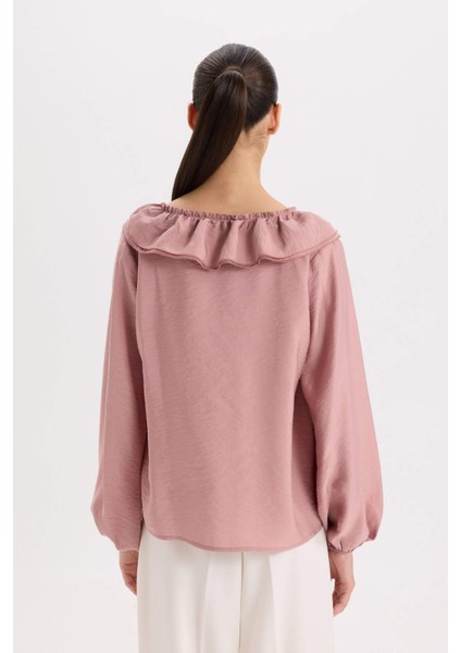 Regular Fit Fırfırlı V Yaka Basic Düz Uzun Kollu Bluz E3393AX24WN