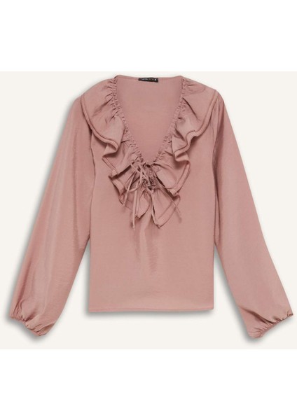 Regular Fit Fırfırlı V Yaka Basic Düz Uzun Kollu Bluz E3393AX24WN