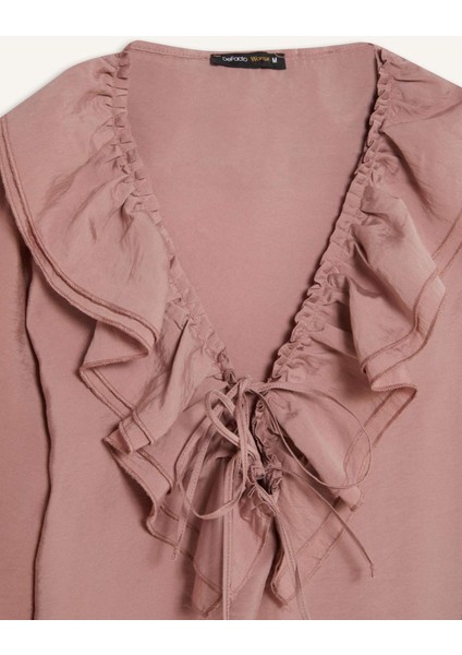 Regular Fit Fırfırlı V Yaka Basic Düz Uzun Kollu Bluz E3393AX24WN