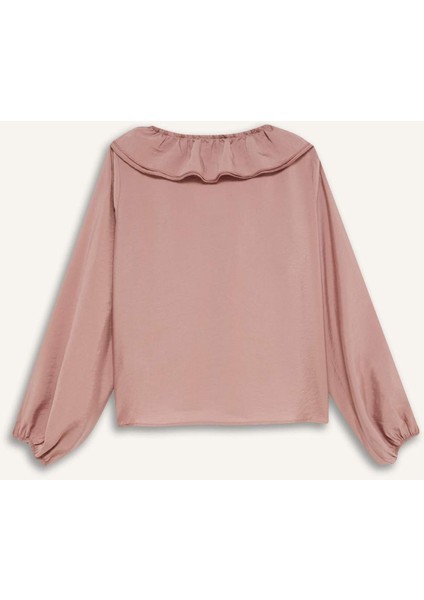 Regular Fit Fırfırlı V Yaka Basic Düz Uzun Kollu Bluz E3393AX24WN