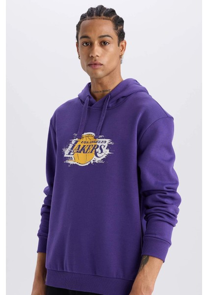 Fit NBA Los Angeles Lakers Standart Fit Kapüşonlu Baskılı Kalın Sweatshirt D8512AX24AU
