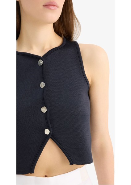 Regular Fit Bisiklet Yaka Düğmeli Siyah Triko Yelek E0990AX25SM