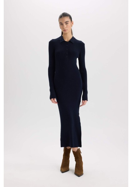 Fitted Polo Yaka Basic Düz Yırtmaçlı Uzun Kollu Triko Elbise E3230AX24WN