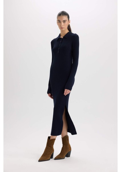 Fitted Polo Yaka Basic Düz Yırtmaçlı Uzun Kollu Triko Elbise E3230AX24WN