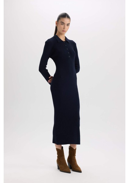 Fitted Polo Yaka Basic Düz Yırtmaçlı Uzun Kollu Triko Elbise E3230AX24WN