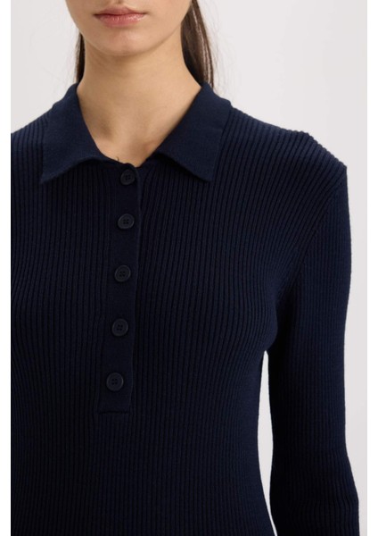 Fitted Polo Yaka Basic Düz Yırtmaçlı Uzun Kollu Triko Elbise E3230AX24WN