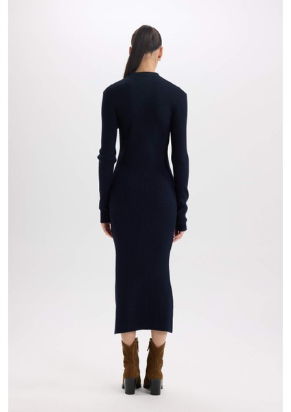 Fitted Polo Yaka Basic Düz Yırtmaçlı Uzun Kollu Triko Elbise E3230AX24WN