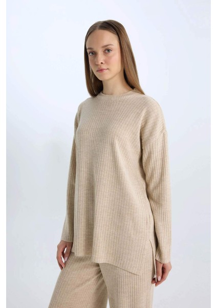 Relax Fit Bisiklet Yaka Basic Düz Triko Tunik Kazak E2938AX24WN