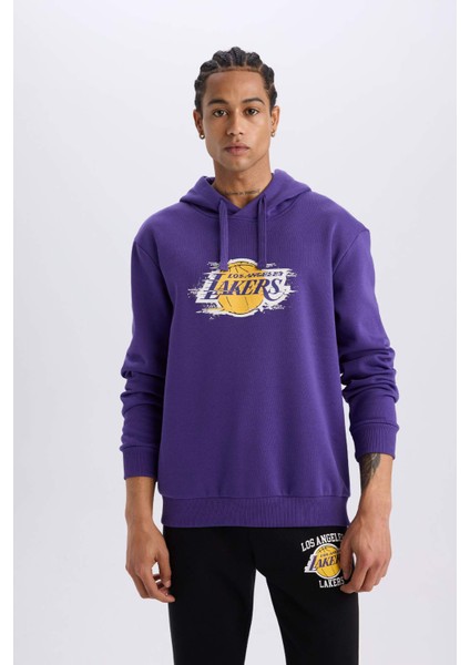 Fit NBA Los Angeles Lakers Standart Fit Kapüşonlu Baskılı Kalın Sweatshirt D8512AX24AU
