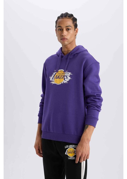 Fit NBA Los Angeles Lakers Standart Fit Kapüşonlu Baskılı Kalın Sweatshirt D8512AX24AU