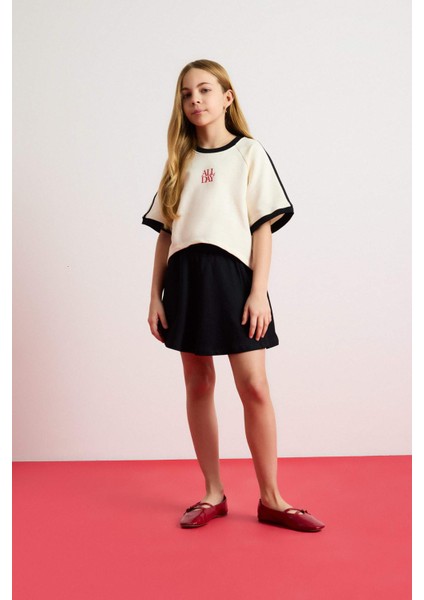 Kız Çocuk 2'li Takım Bisiklet Yaka Baskılı Kısa Kollu Tişört Etek E0416A825SM
