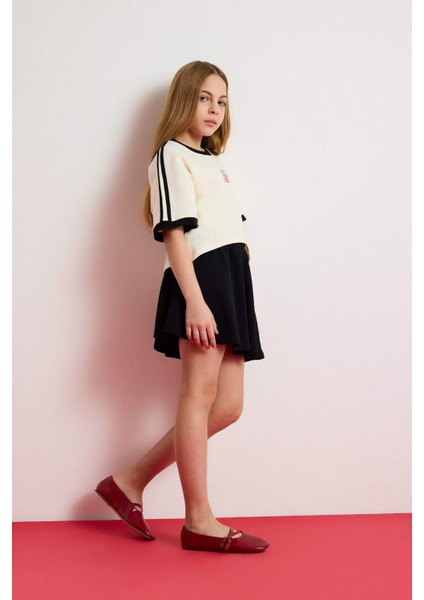 Kız Çocuk 2'li Takım Bisiklet Yaka Baskılı Kısa Kollu Tişört Etek E0416A825SM