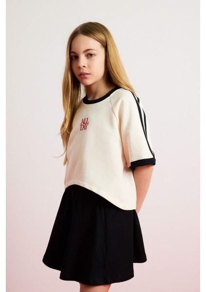 Kız Çocuk 2'li Takım Bisiklet Yaka Baskılı Kısa Kollu Tişört Etek E0416A825SM