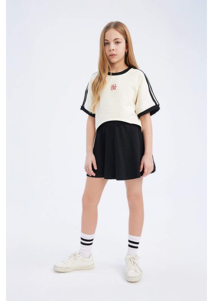 Kız Çocuk 2'li Takım Bisiklet Yaka Baskılı Kısa Kollu Tişört Etek E0416A825SM