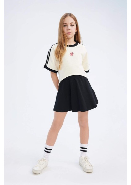 Kız Çocuk 2'li Takım Bisiklet Yaka Baskılı Kısa Kollu Tişört Etek E0416A825SM