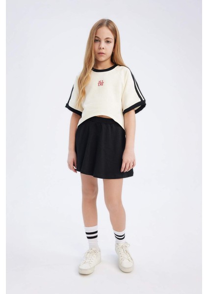 Kız Çocuk 2'li Takım Bisiklet Yaka Baskılı Kısa Kollu Tişört Etek E0416A825SM