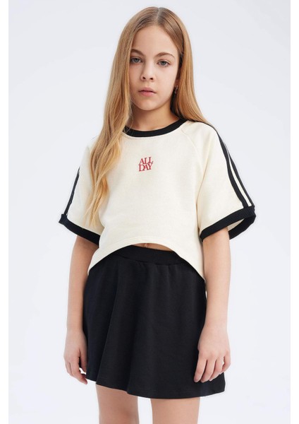 Kız Çocuk 2'li Takım Bisiklet Yaka Baskılı Kısa Kollu Tişört Etek E0416A825SM