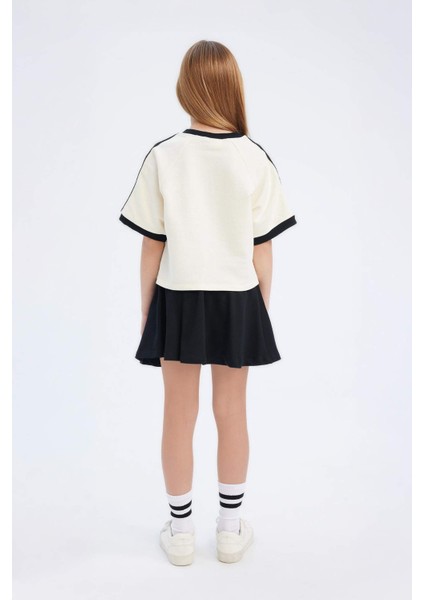 Kız Çocuk 2'li Takım Bisiklet Yaka Baskılı Kısa Kollu Tişört Etek E0416A825SM