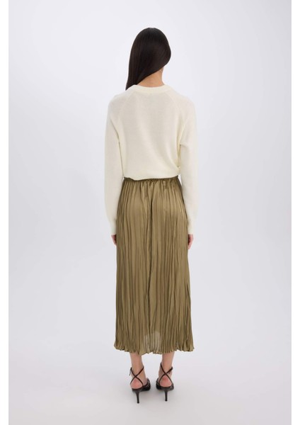 A Kesim Yüksek Bel Saten Midi Etek