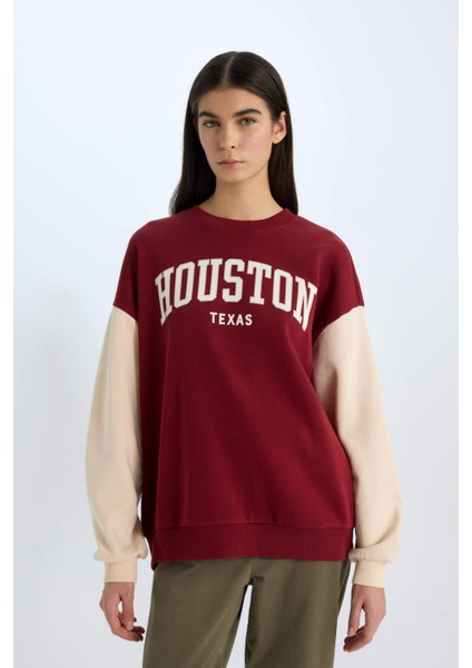 Oversize Geniş Kalıp Bisiklet Yaka Baskılı Kalın Sweatshirt E3228AX24WN