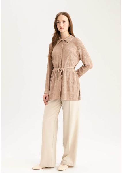 Regular Fit Ayarlanabilen Bağcıklı Bürümcük Uzun Kollu Gömlek Tunik E1946AX25SM