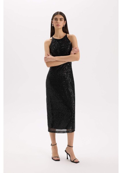 Halter Yaka Payetli Kolsuz Midi Siyah Abiye Elbise E2437AX24WN
