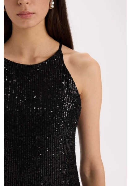 Halter Yaka Payetli Kolsuz Midi Siyah Abiye Elbise E2437AX24WN
