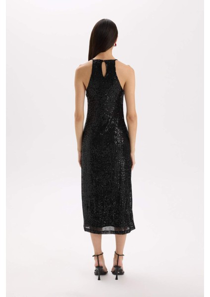 Halter Yaka Payetli Kolsuz Midi Siyah Abiye Elbise E2437AX24WN