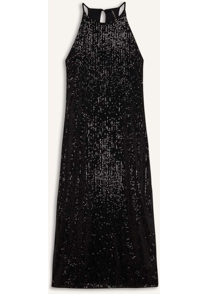 Halter Yaka Payetli Kolsuz Midi Siyah Abiye Elbise E2437AX24WN