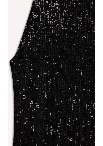Halter Yaka Payetli Kolsuz Midi Siyah Abiye Elbise E2437AX24WN
