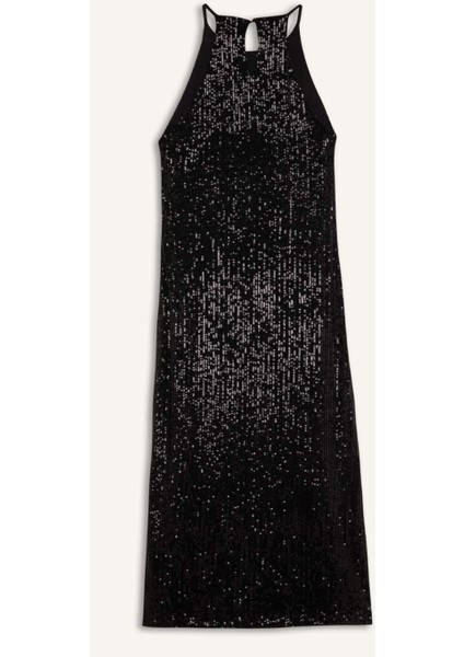 Halter Yaka Payetli Kolsuz Midi Siyah Abiye Elbise E2437AX24WN