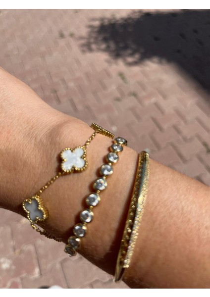 Bileklik Rodyum Kaplama Trend V.c. Model 14 K Renk S.stell Kalite Ayar Zincirli Şık Bileklik Çiçekleri beyaz