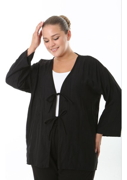 Kadın Büyük Beden Salaş Kesim Ön Bağcık Detaylı Dokuma Hırka 25002