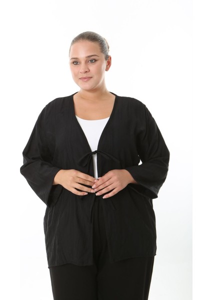 Kadın Büyük Beden Salaş Kesim Ön Bağcık Detaylı Dokuma Hırka 25002 modelleri