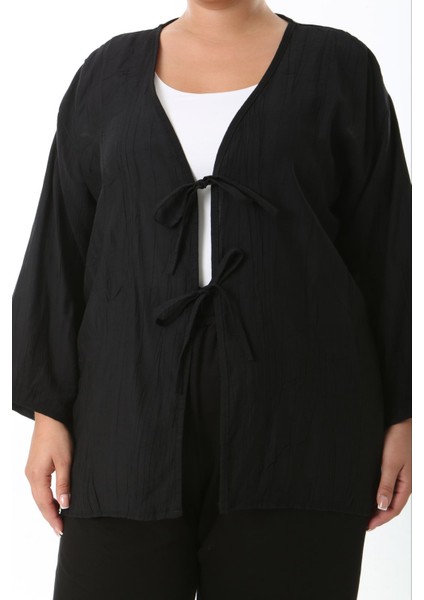 Kadın Büyük Beden Salaş Kesim Ön Bağcık Detaylı Dokuma Hırka 25002 fırsatları