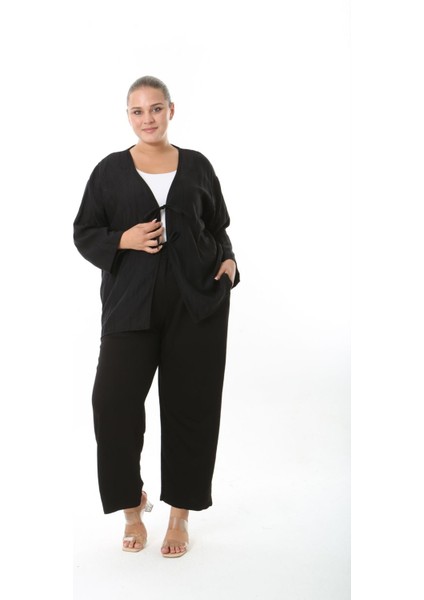 Kadın Büyük Beden Salaş Kesim Ön Bağcık Detaylı Dokuma Hırka 25002 indirimleri