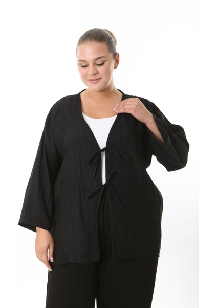 Kadın Büyük Beden Salaş Kesim Ön Bağcık Detaylı Dokuma Hırka 25002