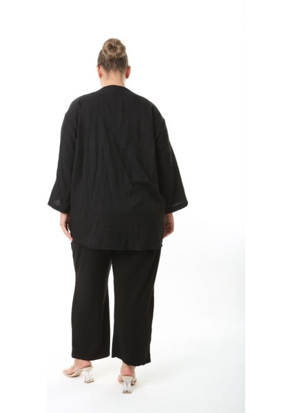 Kadın Büyük Beden Salaş Kesim Ön Bağcık Detaylı Dokuma Hırka 25002