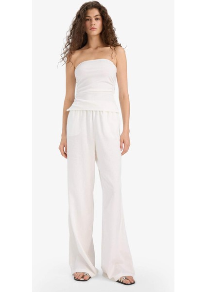 Wide Leg Çift Cepli Beli Lastikli Standart Boy Keten Karışımlı Beyaz Pantolon E1981AX25SM