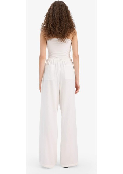 Wide Leg Çift Cepli Beli Lastikli Standart Boy Keten Karışımlı Beyaz Pantolon E1981AX25SM