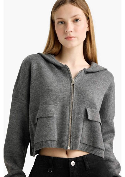 Regular Fit Kapüşonlu Basic Düz Fermuarlı Triko Hırka E2270AXNS